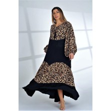 Markano Siyah Balon Kol Leopar Desen Garnili Oversize Uzun Elbise