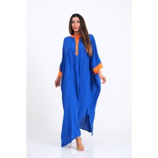 Markano Saks Mavi Sırtı Palmiye Nakışlı Yarasa Kol Oversize Uzun Elbise