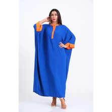 Markano Saks Mavi Sırtı Palmiye Nakışlı Yarasa Kol Oversize Uzun Elbise