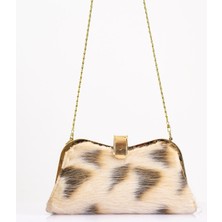 Markano Bej Desenli Suni Kürk Zincirli El ve Omuz Clutch Portföy Çanta