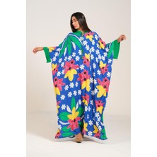 Markano Mavi Çiçekli Sıfır Yaka Yarasa Kollu Oversize Uzun Elbise