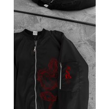 Tarz Yeri Tam Fermuarlı Uzun Kol Baskılı Bomber Ceket - Siyah