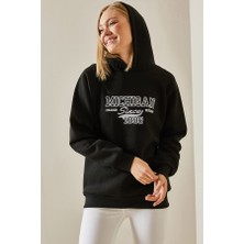 Unisex Siyah Yazı Detaylı Şardonlu Kapüşonlü Sweatshirt