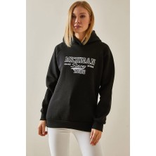 Unisex Siyah Yazı Detaylı Şardonlu Kapüşonlü Sweatshirt