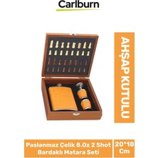 Carlburn Premium Paslanmaz Çelik 8.oz 2 Shot Bardaklı Ahşap Kutulu Satrançlı Alkol Deri Matara Seti 20*18 cm