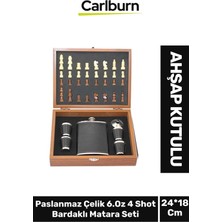 Carlburn Premium Paslanmaz Çelik 8.oz 4 Shot Bardaklı Ahşap Kutulu Satrançlı Alkol Deri Matara Seti 24*18 cm