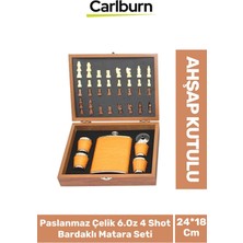 Carlburn Premium Paslanmaz Çelik 8.oz 4 Shot Bardaklı Ahşap Kutulu Satrançlı Alkol Deri Matara Seti 24*18 cm