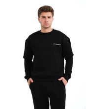 Justever Bisiklet Yaka Nakışlı Şardonlu Içi Polarlı Siyah Erkek Sweatshirt - Volar