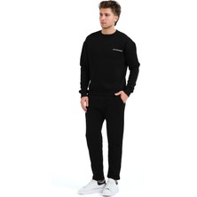 Justever Bisiklet Yaka Nakışlı Şardonlu Içi Polarlı Siyah Erkek Sweatshirt - Volar