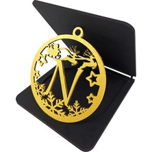 Ng Puzzle Özel Tasarım,Yılbaşı Temalı Ahşap El Boyaması Harfler, Özel Ahşap  Kutusunda Antik Altın Renk – (N)