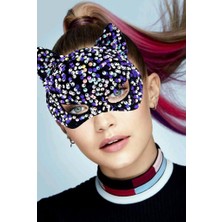Gu Moda Nessiworld Siyah Kadife Kumaş Üzerine Mor Beyaz Payetli Pullu Parti Maskesi 16X14 cm