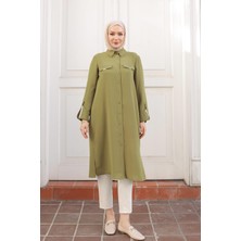Armine Trend Gömlek Yaka Cep Detaylı Düğmeli Tunik Yağ Yeşili 24KT475