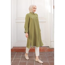 Armine Trend Gömlek Yaka Cep Detaylı Düğmeli Tunik Yağ Yeşili 24KT475
