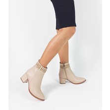 Gdt Ayakkabı Bej Renk Fermuarlı Kalın Topuk Kadın Bot