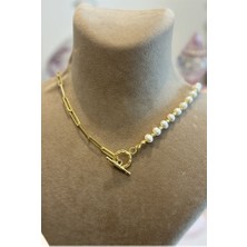 Ricco Jewellery 14 K Gold Kaplama 925 Ayar Gümüş T Kilit Doğal Inci Kolye