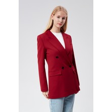 Bolivente Bordo Regular Astarlı Kruvaze Kapama Dokuma Oversize Blazer Ceket