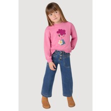 Önü Düğmeli Yüksek Bel Geniş Paça Denim Kız Çocuk Kot Pantolon