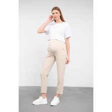 Busa Kadın Hamile Bej Pantolon Esnek Karın Bantlı Belden Ayarlı Mom Fit Klasik Gabardin