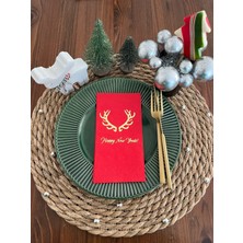 Kidspartim Gold Yaldızlı Kırmızı Happy New Year Geyik Boynuzu Peçete 16 Lı