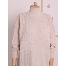 White Lily Boutique Yarım Boğazlı Yırtmaçlı Triko Tunik Taş Rengi