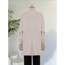 White Lily Boutique Yarım Boğazlı Yırtmaçlı Triko Tunik Taş Rengi