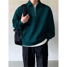 Erkek Yarım Fermuar Rahat Sweatshirt Petrol