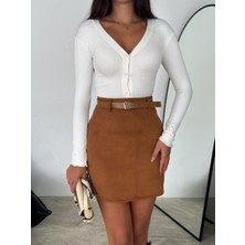 Gugus Kadın Mini Boy Süet Etek Kemerli Diz Üstü