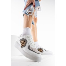 Seniorah Pety Beyaz Gerçek Deri Leopar desenli kadın Spor Ayakkabı