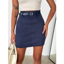 Kadın Mini Boy Süet Etek Kemerli Diz Üstü