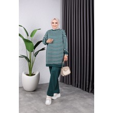 Kadın Tesettür Giyim Bisiklet Yaka ve Çizgili 2 Iplik Pantalon Ile Tunik Takım