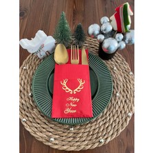 Kidspartim Gold Yaldızlı Kırmızı Cepli Küçük Geyik Boynuzu Peçete 12 Adet 40X40