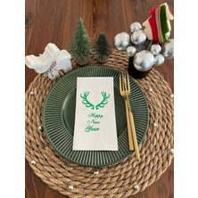 Yeşil Yaldızlı Beyaz Happy New Year Küçük Geyik Boynuzu Peçete 16 Lı