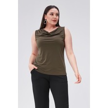 Sea Moda Degaje Yaka Sandy Büyük Beden Kadın Basic Bluz 4 Mevsim Rahat Kullanım Şık Atlet-Haki