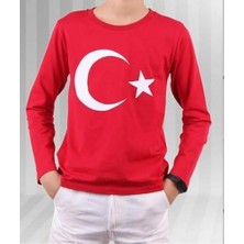 Eren Style Kırmızı Türk Bayraklı Uzun Kol T-Shirt Slim Fit Pamuklu Dokuma Kumaş
