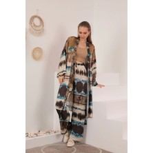 Saten Kumaş Batik Desen Kadın Kimono-Mavi