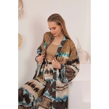 Saten Kumaş Batik Desen Kadın Kimono-Mavi