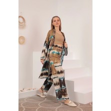 Saten Kumaş Batik Desen Kadın Kimono-Mavi