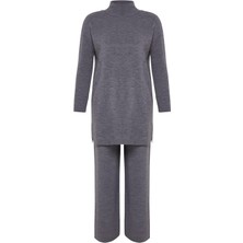 FRM Kadın Moda Şık Geniş Paça Regular Boy Uzun Kollu Yırtmaçlı Geniş Paça Triko Alt-Üst Takım