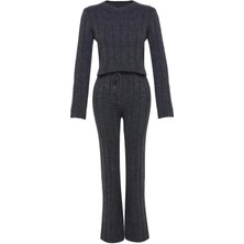 FRM Kadın Moda Şık Regular Boy Uzun Kollu Crop Yumuşak Dokulu Triko Alt-Üst Takım