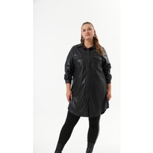 Büyük Beden Deri Gömlek Tunik Siyah