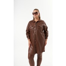 Büyük Beden Deri Gömlek Tunik Camel