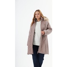 Büyük Beden Kapüşonlu Şişme Mont Vizon