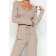 Ersefa Tarz Kadın Yüksek Bel Geniş Paça Havuz Yaka Yumoş Crop ve Wide Leg Geniş Paça Örme Alt Üst Takım