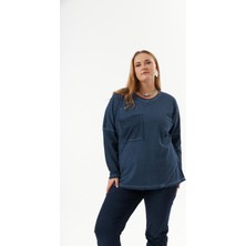 Büyük Beden Cep Detay Parça Boya Sweatshirt Indigo