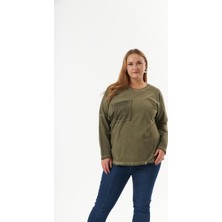 Büyük Beden Cep Detay Parça Boya Sweatshirt Haki