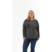 Büyük Beden Cep Detay Parça Boya Sweatshirt Füme