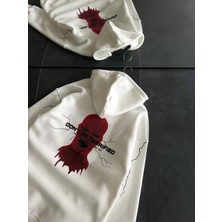 Tarz Yeri Üç Iplik Kapşonlu Baskılı Oversize Sweatshirt- Beyaz
