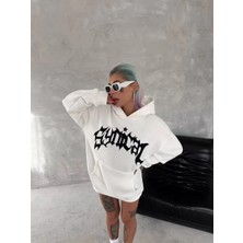 Tarz Yeri Unisex Üç Iplik Kapşonlu Baskılı Sweatshirt - Beyaz