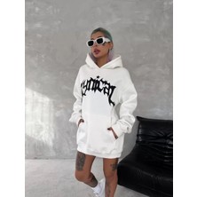 Tarz Yeri Unisex Üç Iplik Kapşonlu Baskılı Sweatshirt - Beyaz