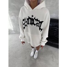 Tarz Yeri Unisex Üç Iplik Kapşonlu Baskılı Sweatshirt - Beyaz